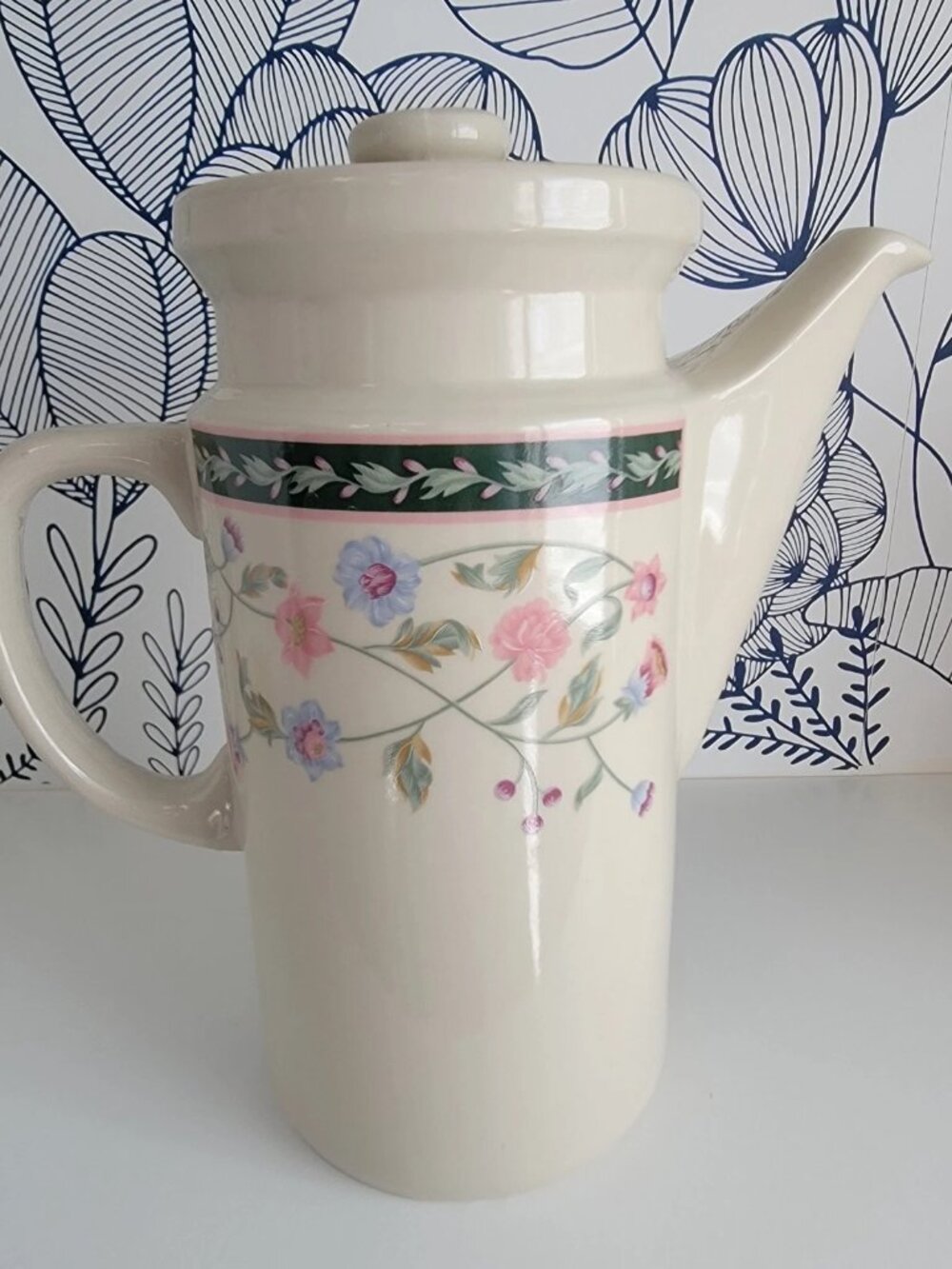 Vintage tall coffee pot by Sunflower. Classic 80's/90's hunter green with pink